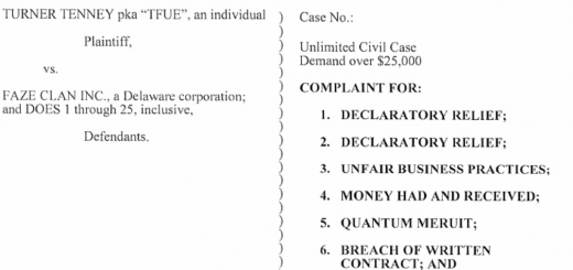 Tenney v Faze Clan Lawsuit Breach Of Contract